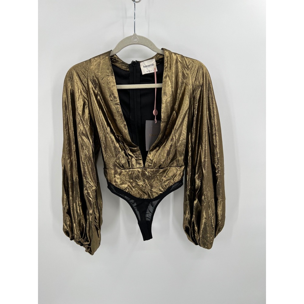 House of‎ CB Vittoria Gold Metallic Deep V-Neck Puff Sleeve Bodysuit Small NWT